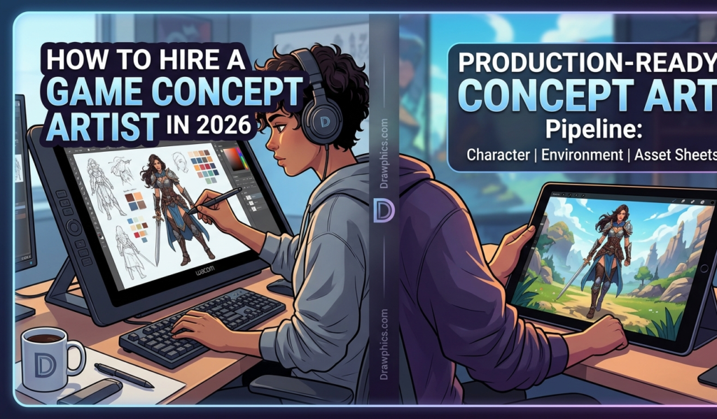 Guide on how to hire a game concept artist in 2026 showing an artist working on character design, environment concept art, and asset sheets at a Drawphics studio setup.