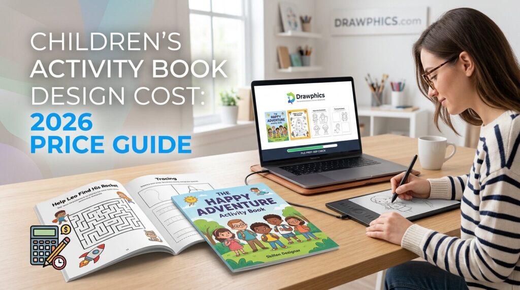 Professional designer reviewing a children's activity book design cost guide on a laptop while sketching custom layouts on a drawing tablet for Drawphics.
