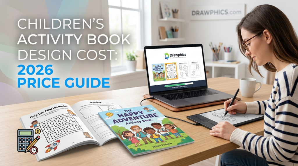 Professional designer reviewing a children's activity book design cost guide on a laptop while sketching custom layouts on a drawing tablet for Drawphics.