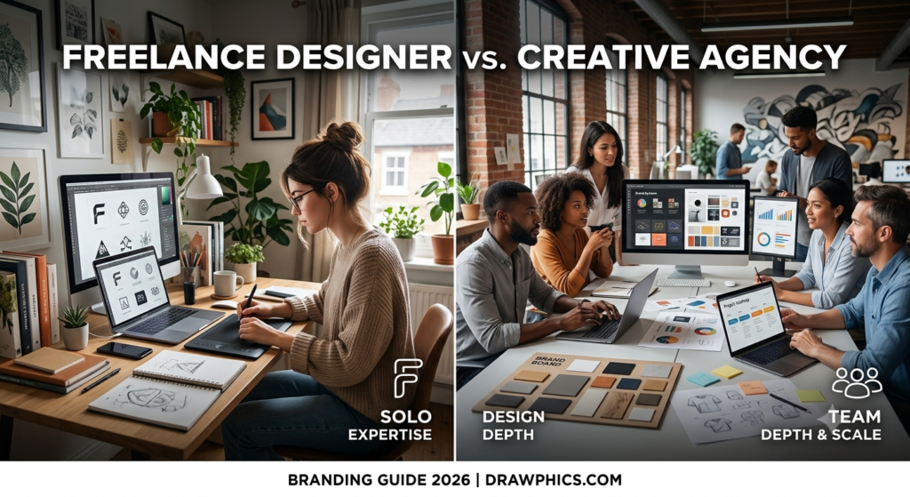 Freelance designer vs creative agency comparison showing a solo graphic designer working at a desk on the left and a collaborative creative agency team working in a studio on the right.