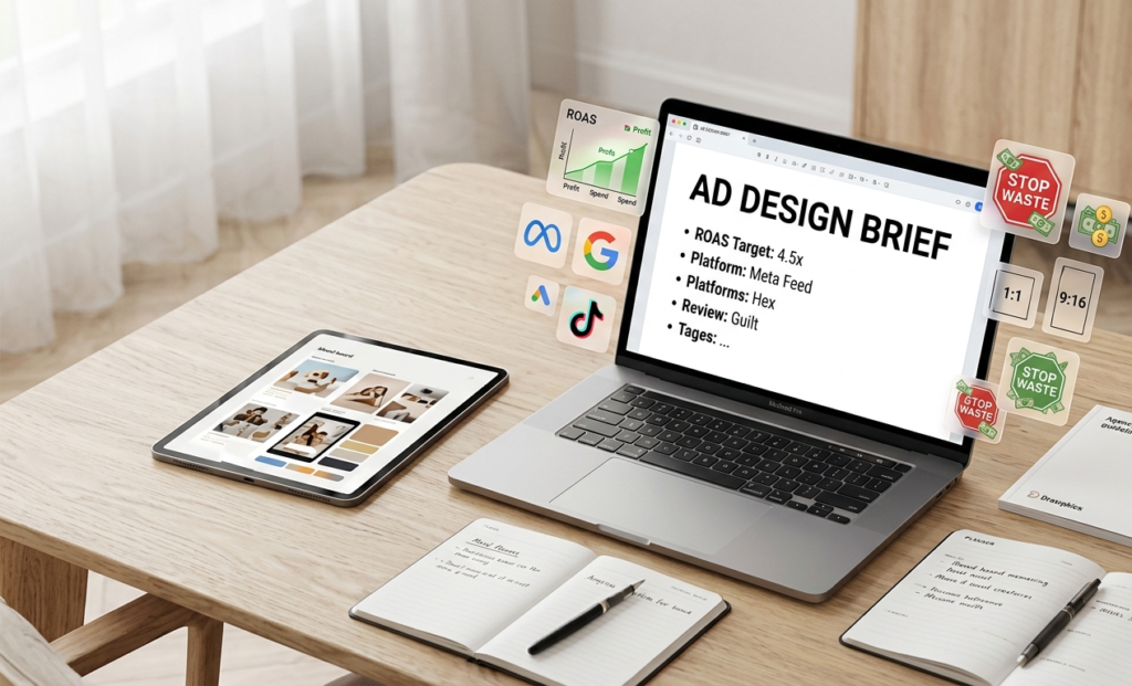 A laptop displaying a creative brief layout to demonstrate how to write an ad design brief, surrounded by floating ROAS metrics, platform logos, and design assets on a modern desk.