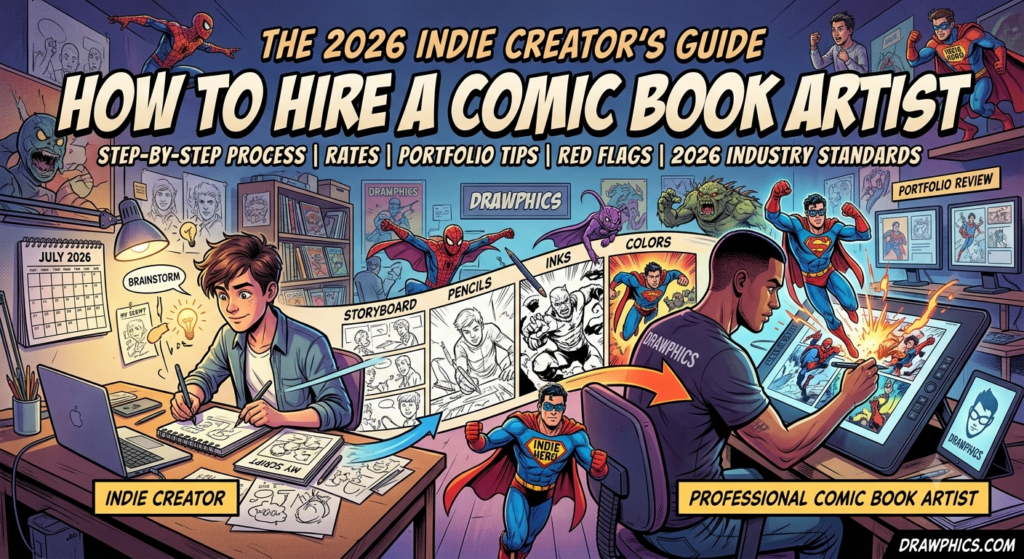 A comprehensive visual guide from Drawphics on how to hire a comic book artist 2026 for indie creators. The image breaks down the complete workflow, from an indie creator's brainstorm to professional pencils, inks, colors, and the final professional comic book illustration.