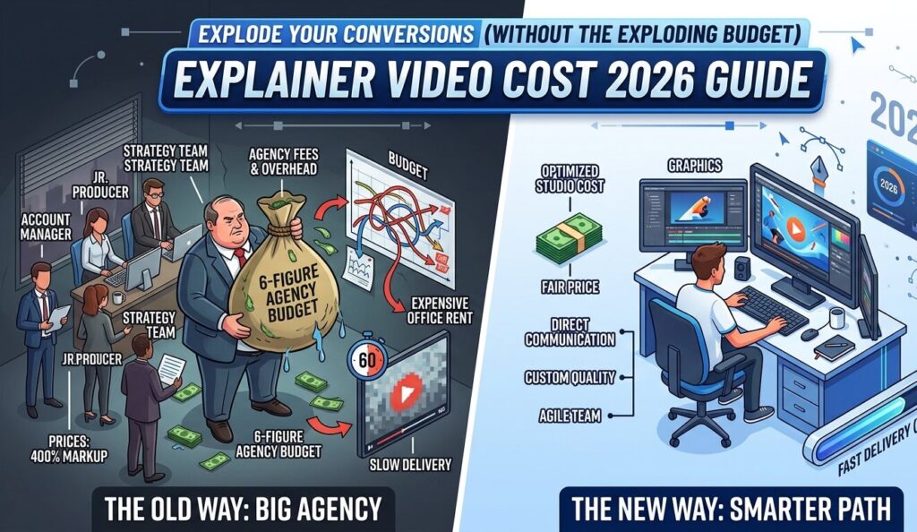 Infographic comparing traditional ad agency overhead vs. an agile animation studio setup, illustrating the breakdown of explainer video cost 2026 factors.
