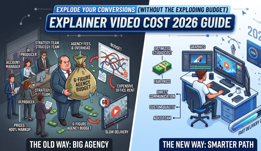Infographic comparing traditional ad agency overhead vs. an agile animation studio setup, illustrating the breakdown of explainer video cost 2026 factors.
