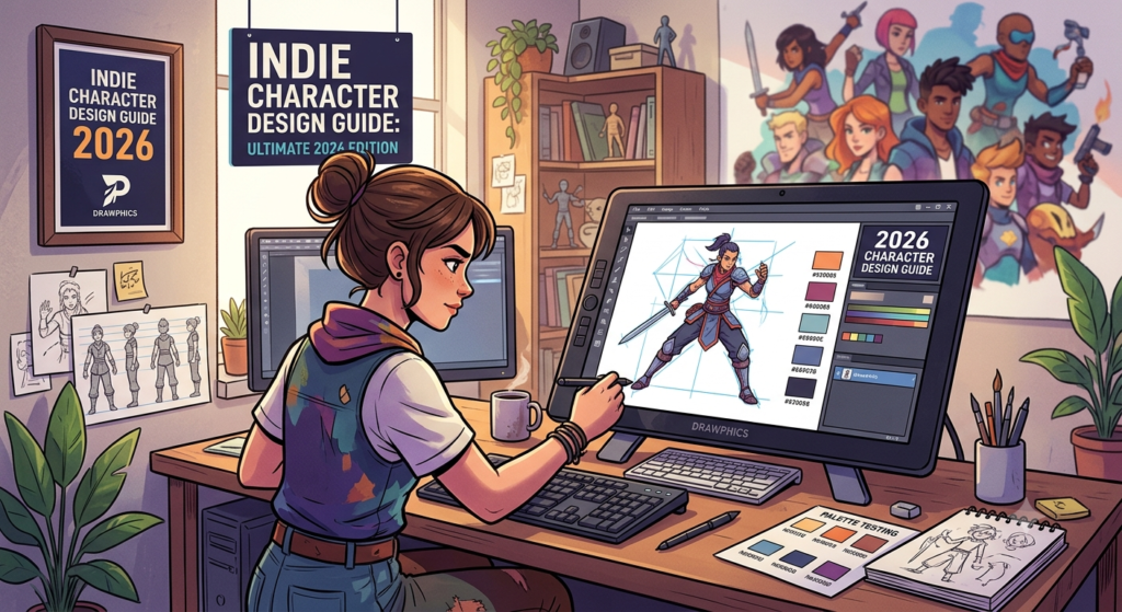 An indie artist creating a character on a drawing tablet, illustrating an indie character design guide 2026 process with color palettes and reference sheets for Drawphics.