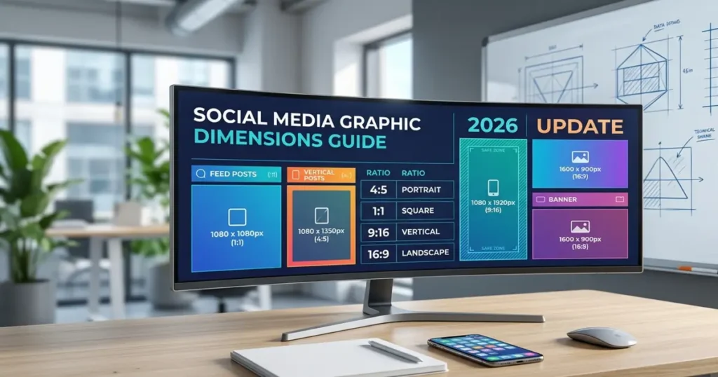 A 2026 social media graphic dimensions guide displaying various aspect ratios and pixel sizes on a wide office monitor to help small businesses optimize content.
