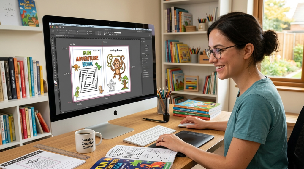 A designer working on a computer screen how to format childrens activity books with visible guidelines for bleed and margins.