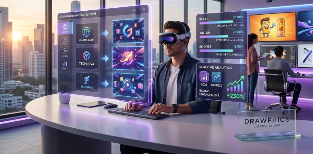A modern Drawphics creative studio workspace showcasing AI animation for brands 2026 workflows, digital analytics dashboards, and professional video editors

