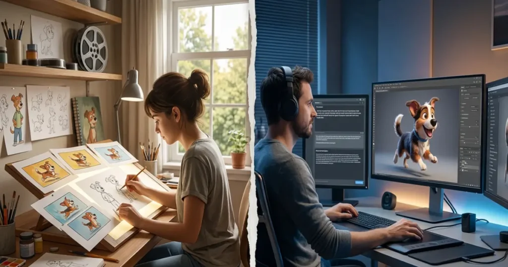 Side-by-side comparison illustrating AI vs traditional animation, featuring a designer hand-drawing frames on a classic light desk next to a digital artist refining a 3D character on a modern computer monitor.
