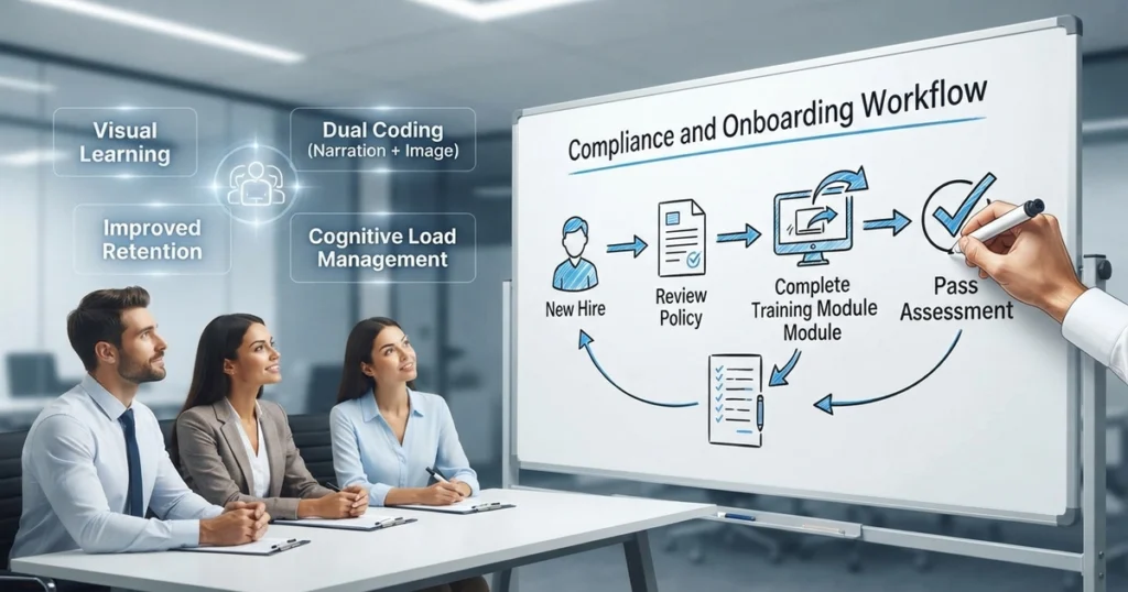  A whiteboard illustration showing a compliance and onboarding workflow for Whiteboard Animation for Corporate Training, with professionals watching a visual learning module in an office.
