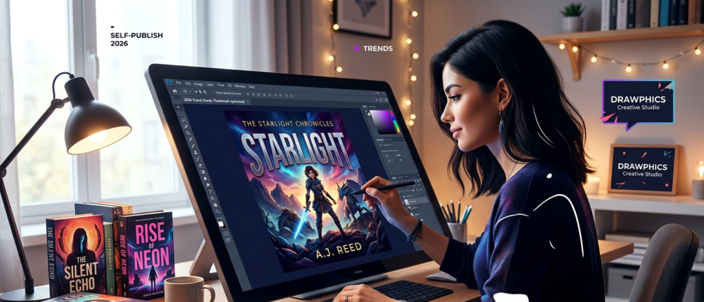 A graphic designer working on an illustrated fantasy cover on a large digital screen, demonstrating the book cover design trends 2026 for self-published authors.
