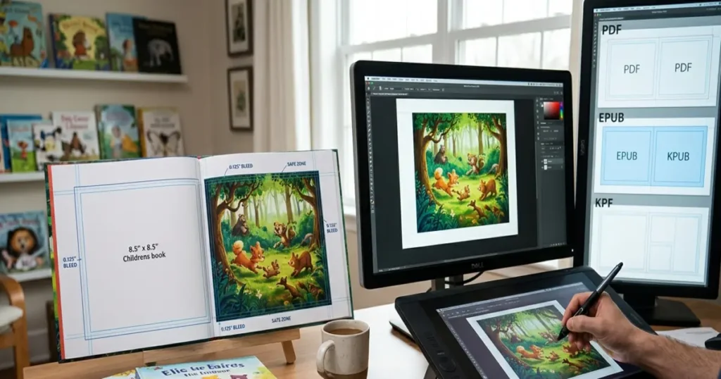 A professional book designer layout workspace showing KDP childrens book formatting with bleed guides, trim dimensions, and Kindle Create digital file setup on computer screens.
