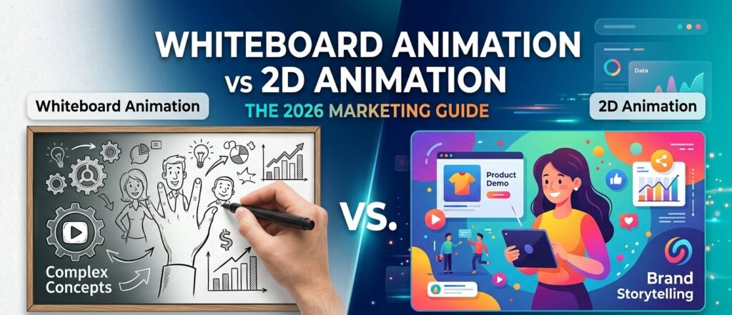 A side-by-side visual comparison of whiteboard animation vs 2d animation styled as a 2026 marketing guide banner.
