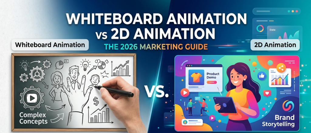A side-by-side visual comparison of whiteboard animation vs 2d animation styled as a 2026 marketing guide banner.
