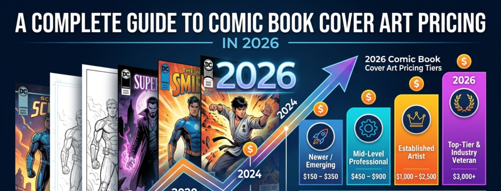  Infographic guide detailing comic book cover art pricing 2026 trends, showing comic production layers, cost levers, and a pricing tier chart from emerging artists to industry veterans.
