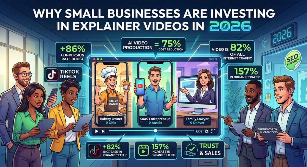 A vibrant infographic showcasing why small businesses are investing in explainer videos in 2026, featuring video marketing statistics, high conversion metrics, and animated business examples for a bakery, SaaS startup, and law firm.