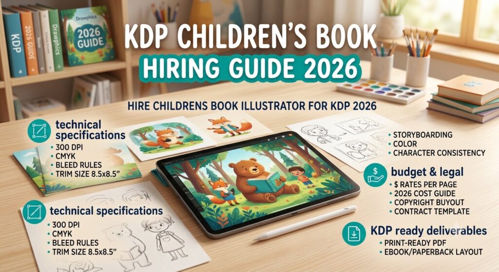 hire childrens book illustrator for kdp 2026; a close-up of an open artist portfolio displaying a proven illustration process and character consistency examples in a cheerful style.
