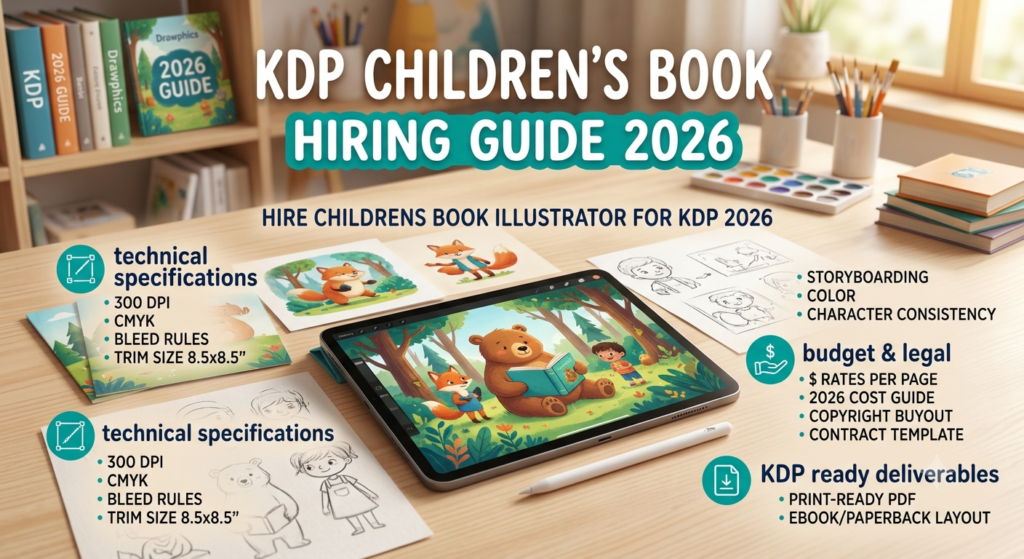 hire childrens book illustrator for kdp 2026; a close-up of an open artist portfolio displaying a proven illustration process and character consistency examples in a cheerful style.