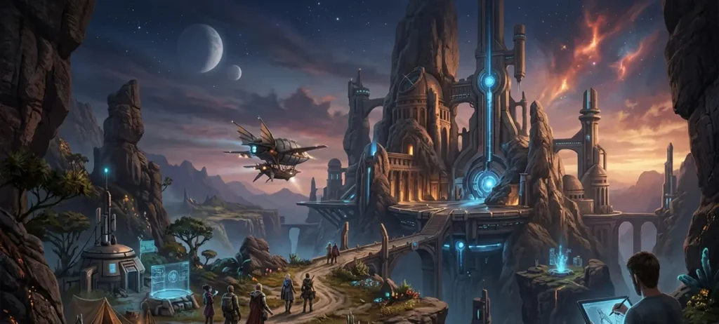 A digital concept artist sketching a sci-fi video game environment on a tablet, demonstrating how production studios use digital concept art during pre-production.