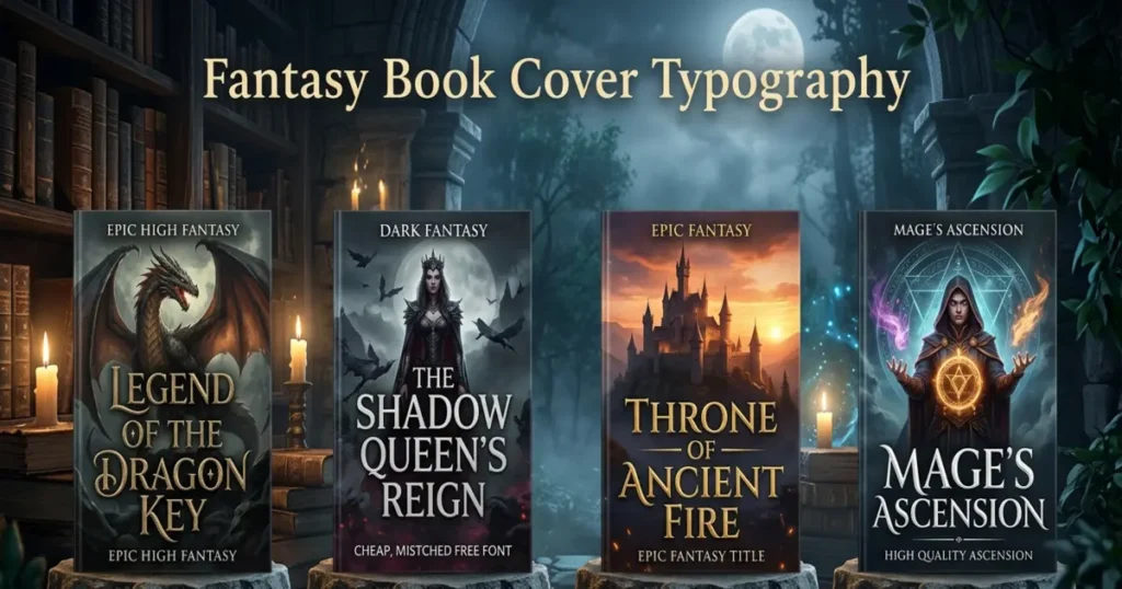 Examples of fantasy book cover typography showing good font contrast and legibility
