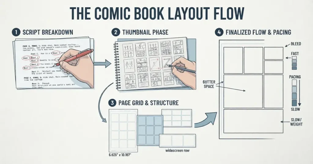 Comic book layout structure step-by-step infographic showing script breakdown, thumbnail sketches, page grid, and panel pacing flow.