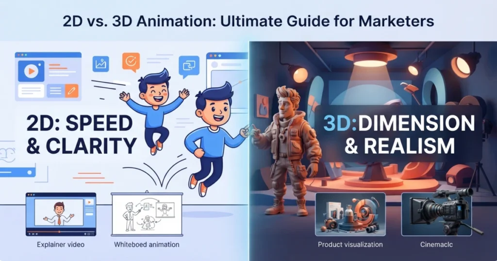 Visual comparison for 2D vs 3D animation marketing showing the speed and clarity of 2D characters alongside the dimension and realism of 3D models.
