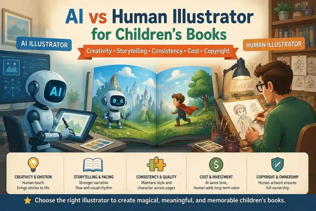 AI vs human illustrator for children's books comparison
