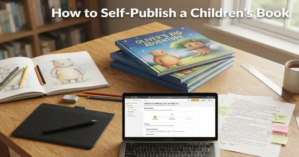  A creative desk setup showing childrens book illustrations, manuscript notes, and a laptop, illustrating how to self publish a childrens book.
