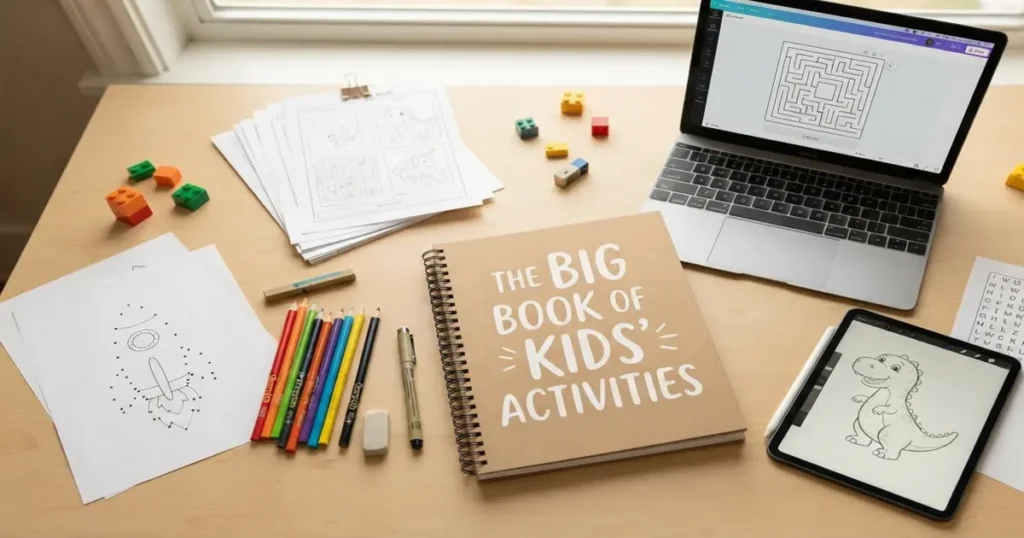Kids activity book creation workspace with a laptop, tablet, and colored pencils illustrating how to make a profitable kids activity book

