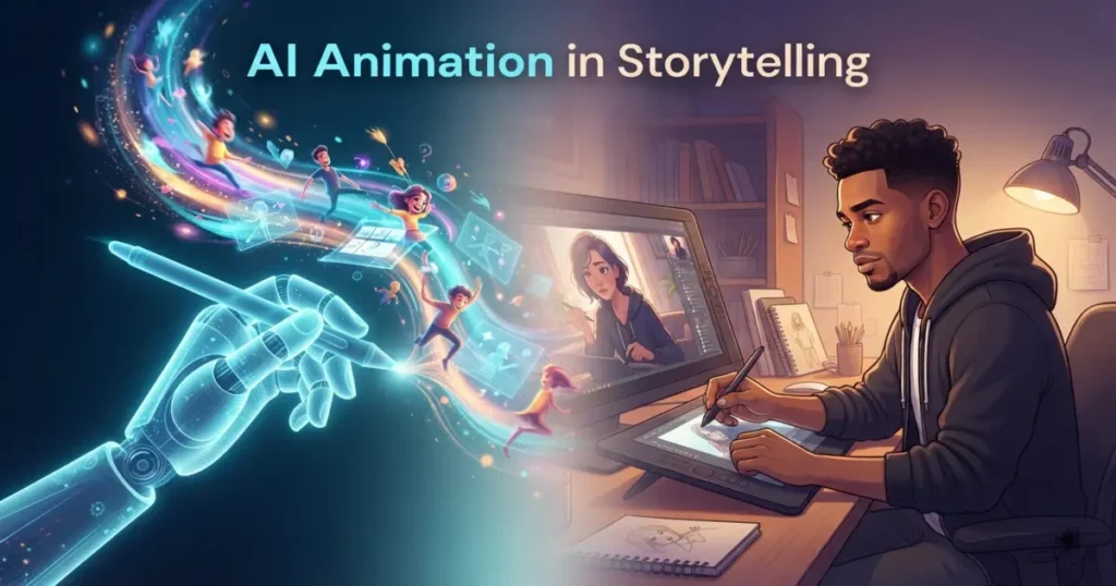 A professional digital artist working at a tablet while an AI animation tool assists in the creative process, illustrating the balance of human creativity and AI animation in storytelling.