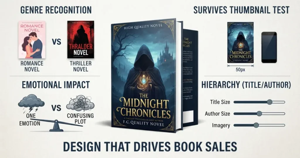 Infographic illustrating key elements of effective book cover design, including genre recognition, thumbnail testing, and visual hierarchy.
