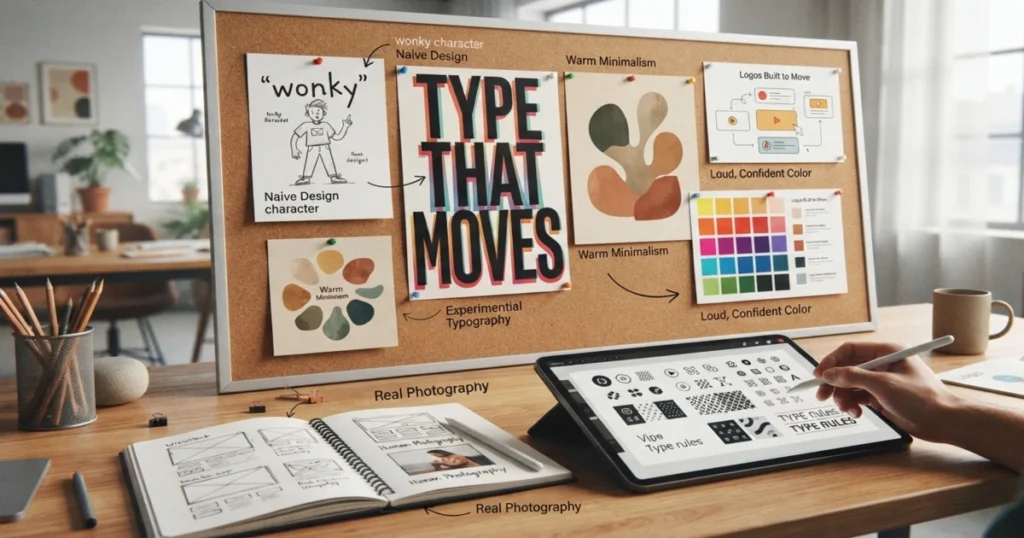 Designer creating a visual brand identity with mood board showing 2026 graphic design trends for startups including typography, color palettes, and illustration.
