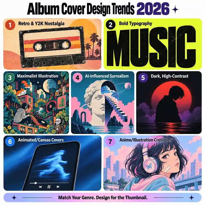 **Alt text:**> Album Cover Design Trends 2026 infographic — 7 styles including retro, typography, AI surrealism, and illustration