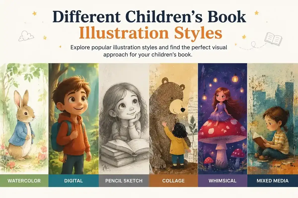 Children's book illustration styles guide showcasing watercolor, digital, sketch, collage, whimsical, and mixed media examples.