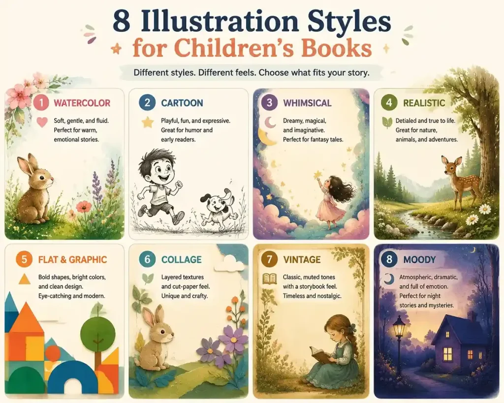 Children's book illustration styles comparison chart featuring watercolor, cartoon, whimsical, realistic, collage, and digital styles.