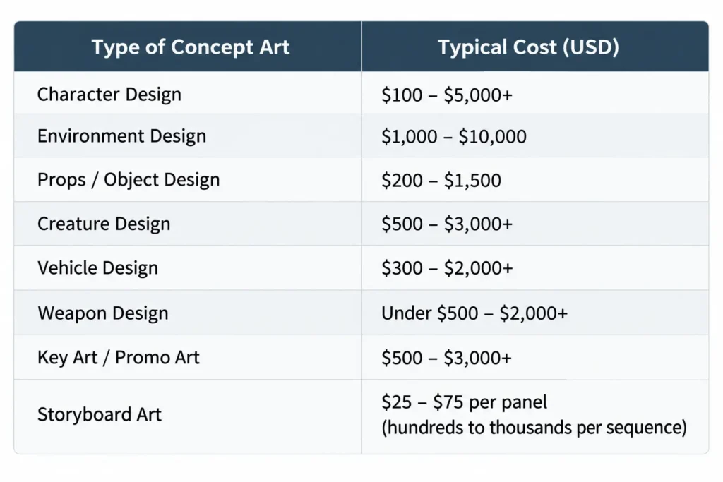 Concept art cost table showing typical U.S. costs for character, environment, creature, vehicle, weapon, key art, and storyboard design.
