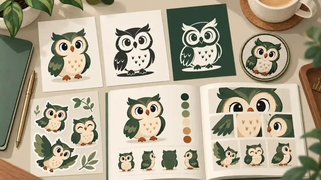 Owl mascot in full-color, one-color and reversed versions beside an embroidered patch, vinyl sticker and style guide