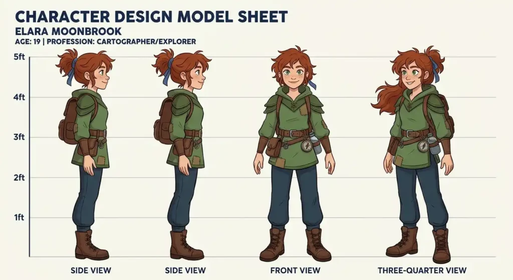 A complete character model sheet displaying front, side, and three-quarter turnaround views with a head-scale ruler grid.