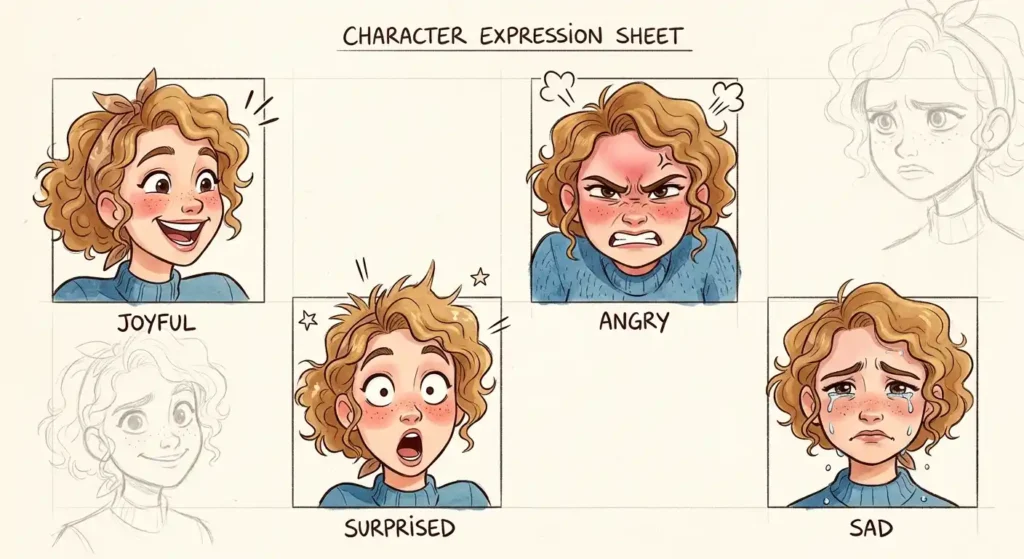 Character expression sheet showing close-up busts for joy, anger, surprise, and sadness.