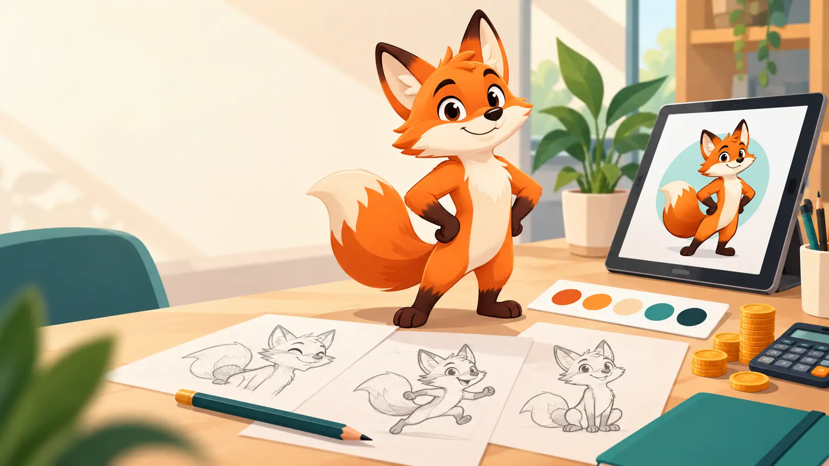 Cartoon fox mascot surrounded by design sketches, a color palette and a calculator, showing brand mascot design cost
