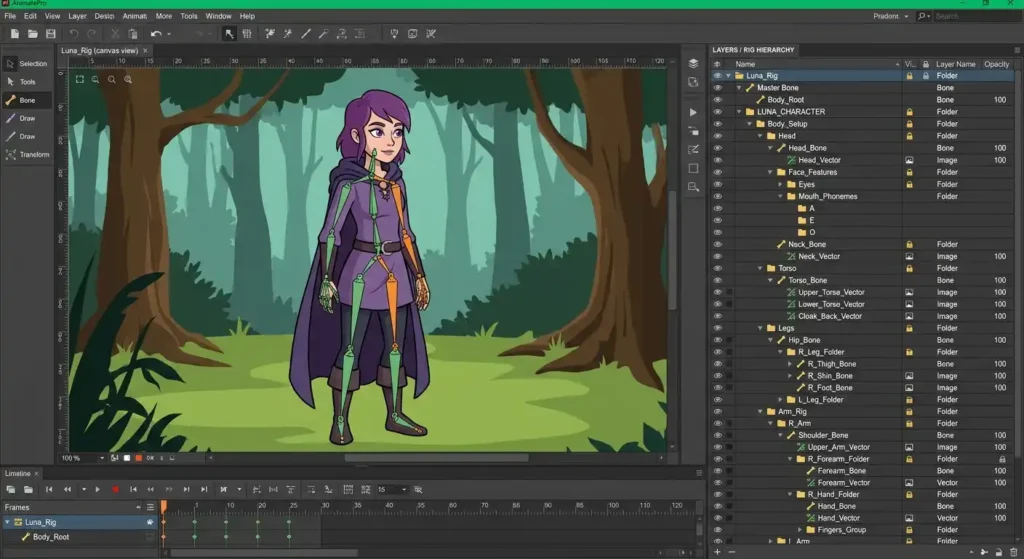 Digital illustration in character design sheet in  software layer panel showing organized groups and parts for a 2D cutout puppet rig.