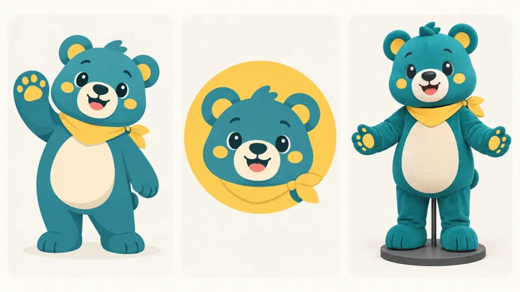 Same bear mascot shown as a character illustration, a simplified logo and a physical costume